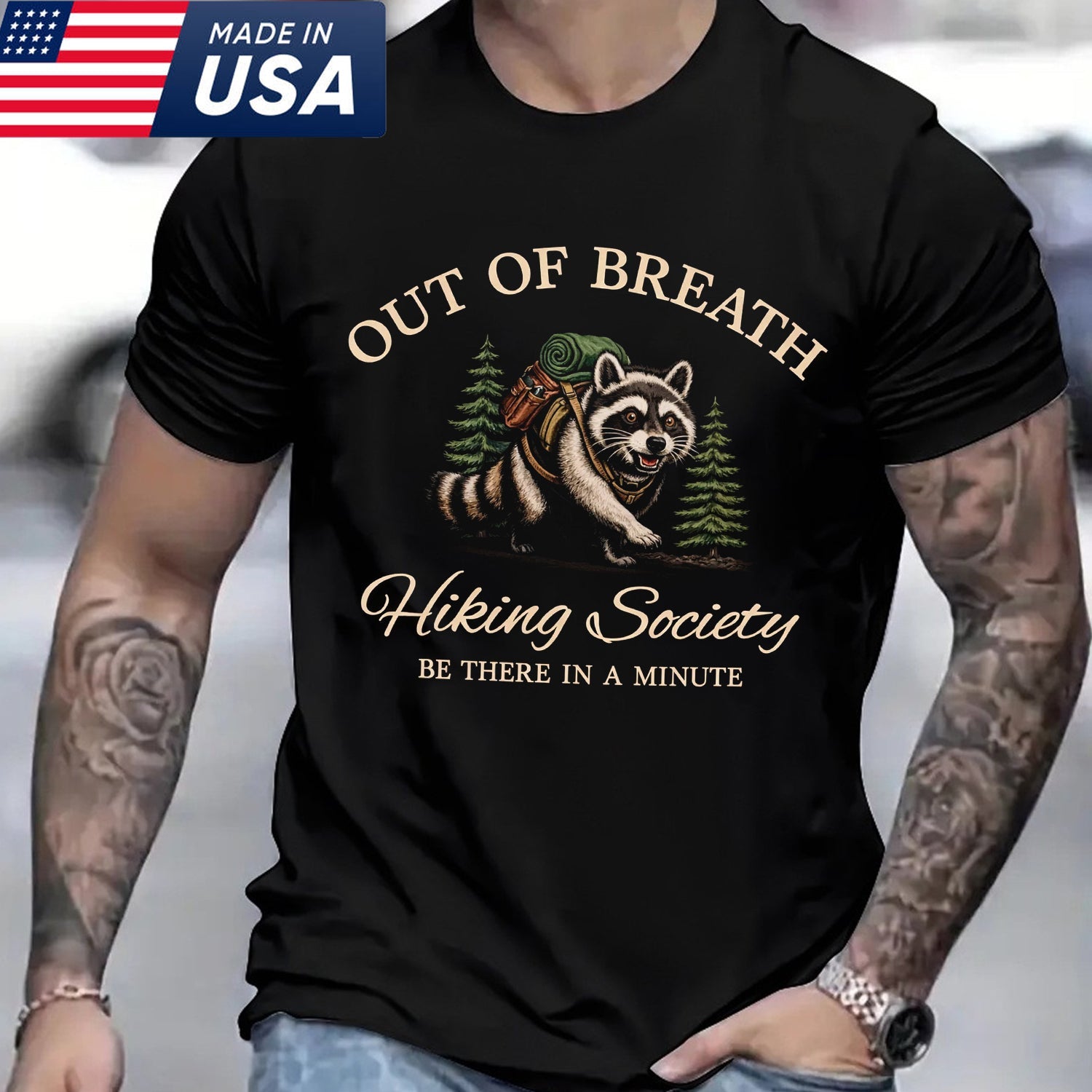 Out of Breath Hiking Society T-Shirt – Funny Raccoon Backpacker Graphic Tee, Hiking Humor Outdoor Adventure Shirt