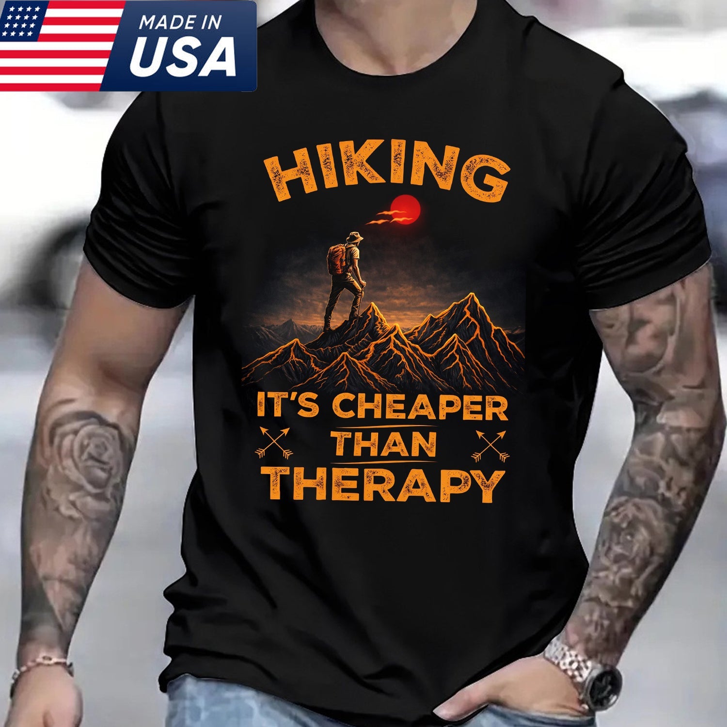 Hiking It’s Cheaper Than Therapy T-Shirt – Funny Hiking Quote Graphic Tee, Mountain Adventure Outdoor Shirt