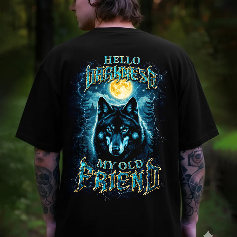 Hello Darkness My Old Friend T-Shirt – Electric Wolf Moon Night Graphic Shirt for Gothic Style Lovers, Dark Nature & Wilderness Fans