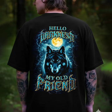 Hello Darkness My Old Friend T-Shirt – Electric Wolf Moon Night Graphic Shirt for Gothic Style Lovers, Dark Nature & Wilderness Fans
