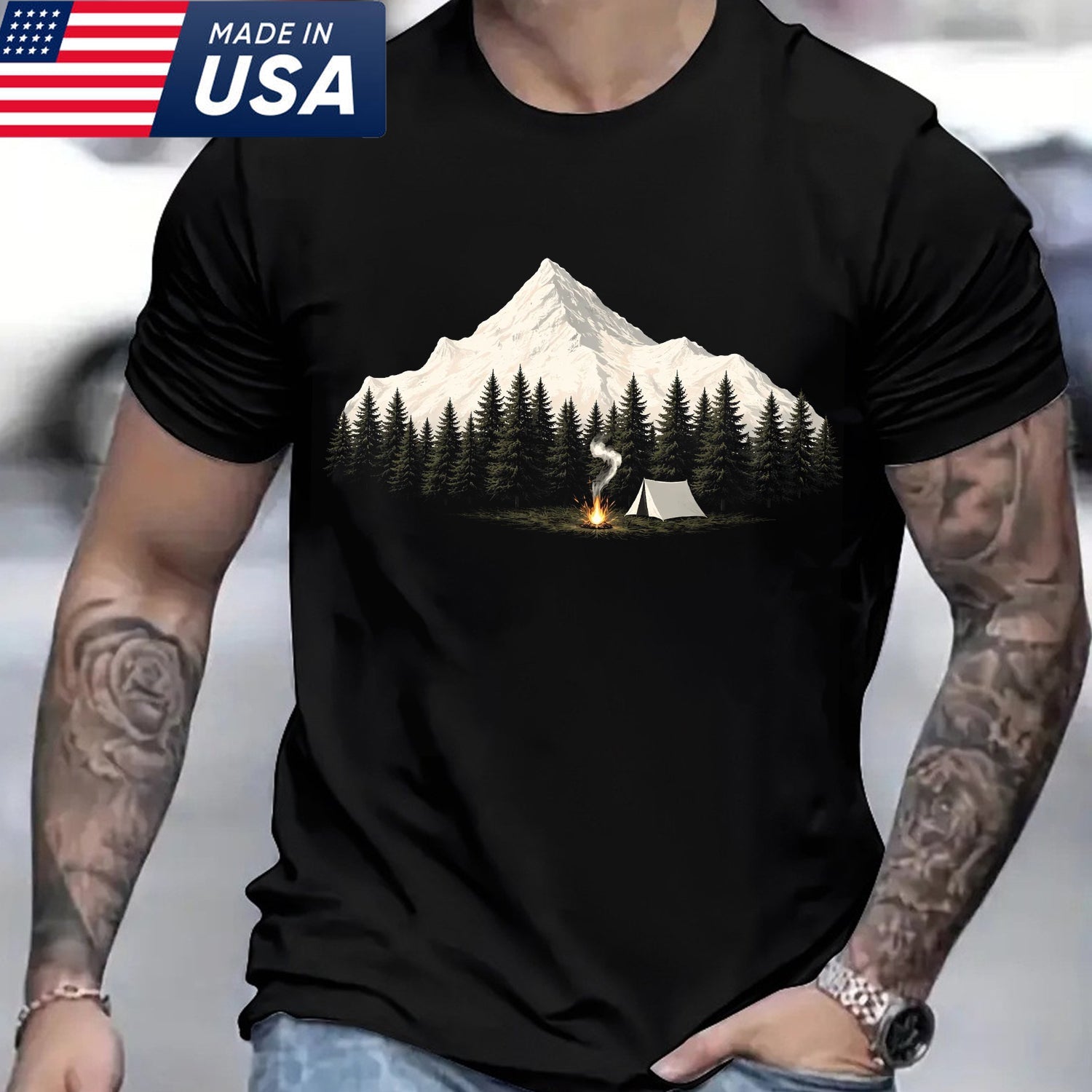 Minimalist Mountain Campfire Camping Graphic T-Shirt