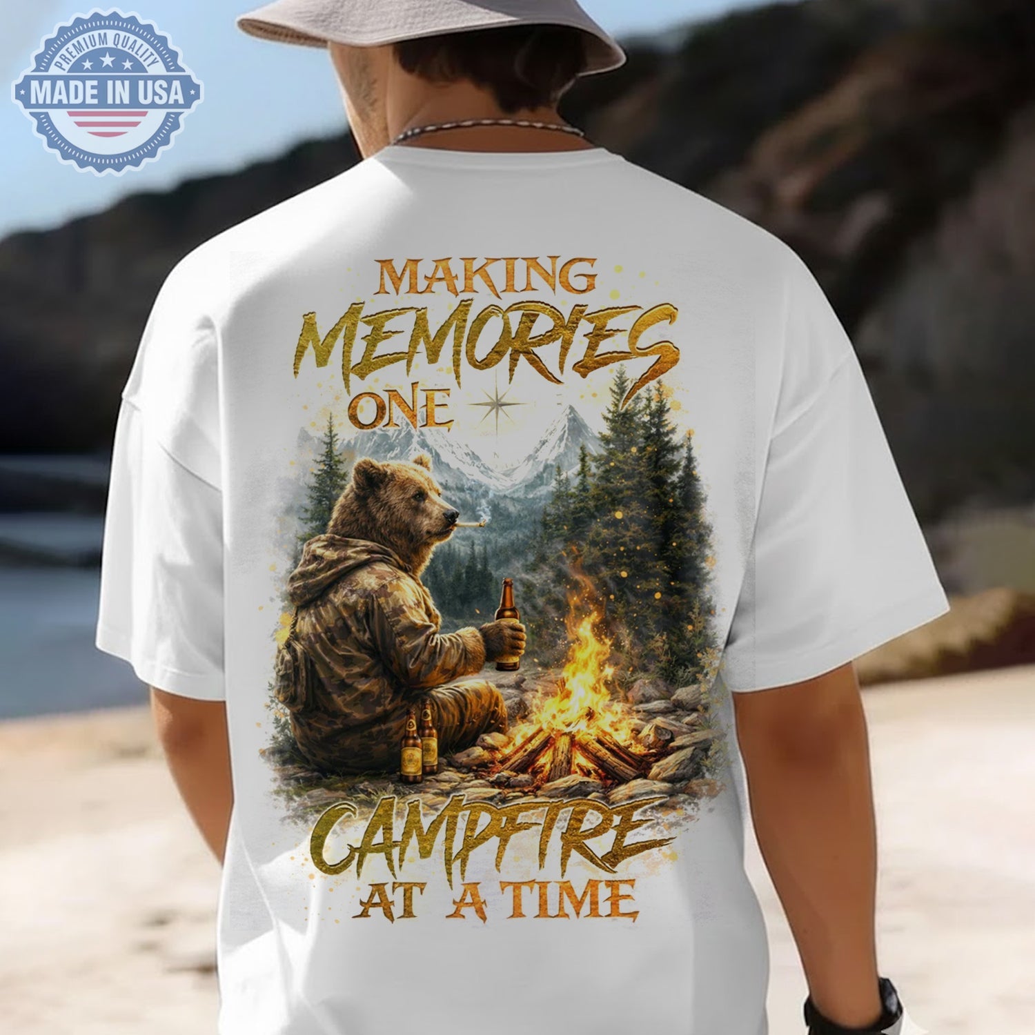 Making Memories One Campfire At A Time Bear T-Shirt, Camping Bear Beer Graphic Tee, Cozy Outdoor Campfire Nature Shirt