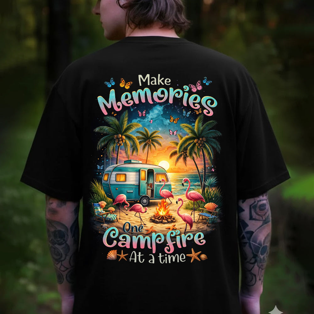 Make Memories One Campfire At A Time Beach Camping T-Shirt, Flamingo RV Sunset Graphic Tee, Summer Coastal Camper Shirt for Women