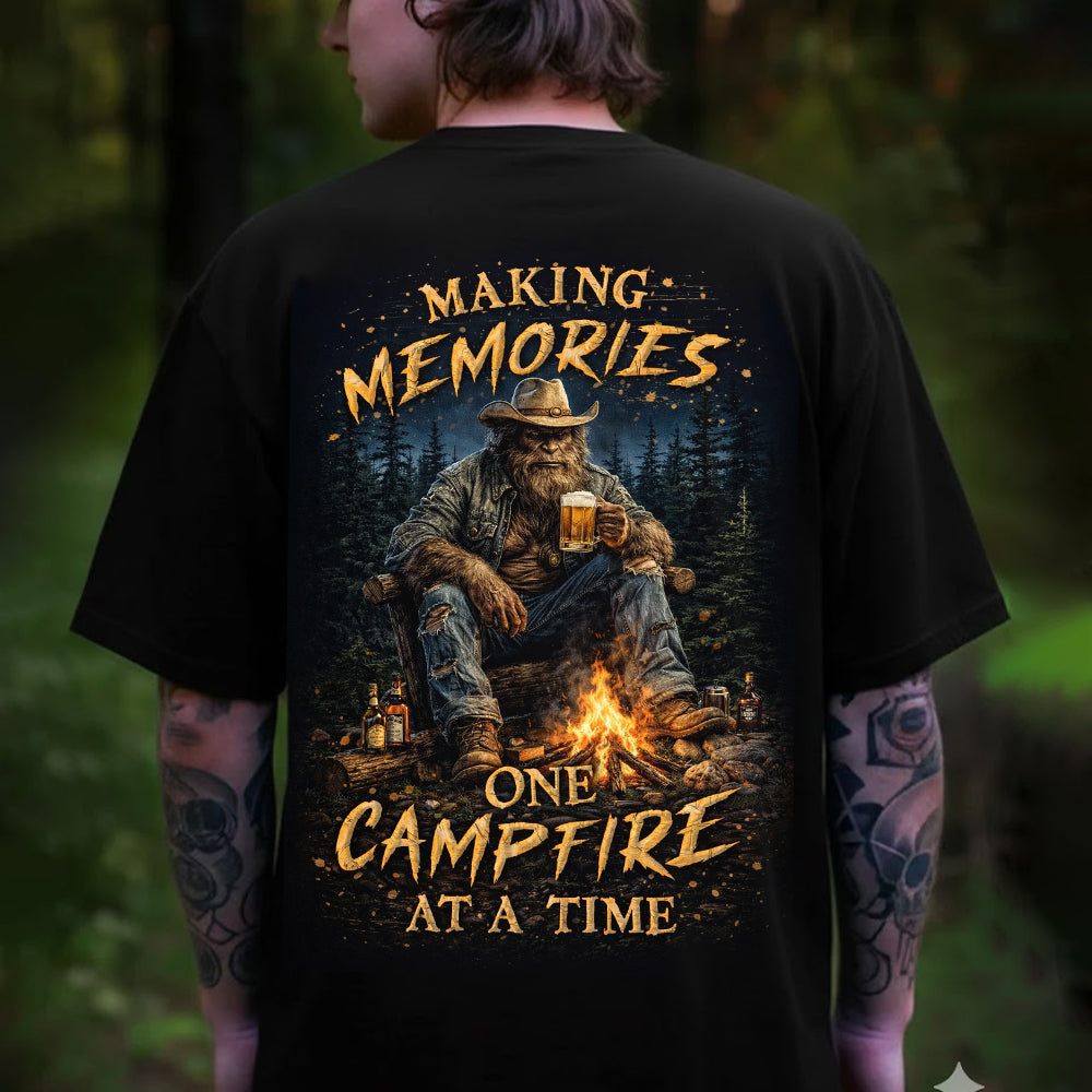 Bigfoot Campfire Memories T-Shirt – Sasquatch Wilderness Night Graphic Tee, Rustic Forest Adventure Design Shirt, Outdoor Camping Lifestyle Apparel