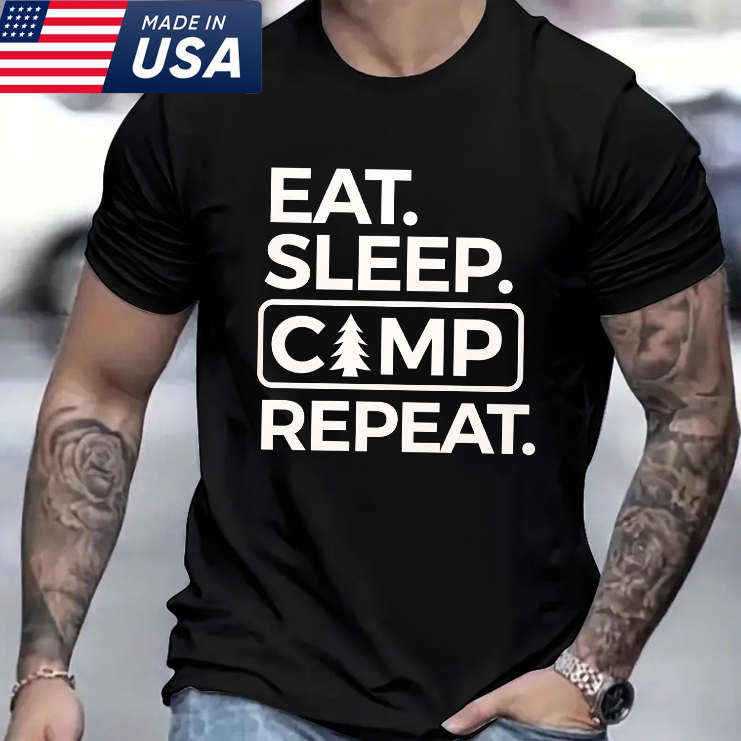 Eat Sleep Camp Repeat T-Shirt – Funny Camping Gift for Outdoor Lovers, Minimal Camp T-Shirt