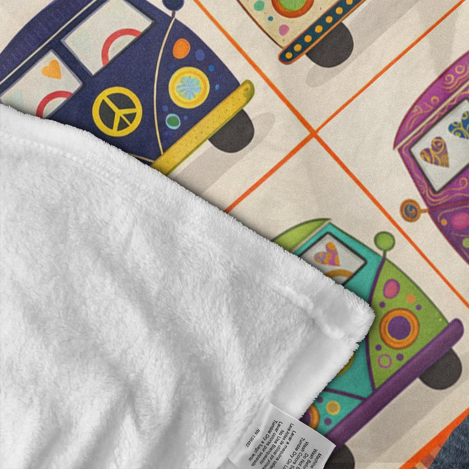 Cute Retro Camper Vans Fleece Blanket – Peace & Love Colorful Van Throw for Van Life & Hippie Lovers