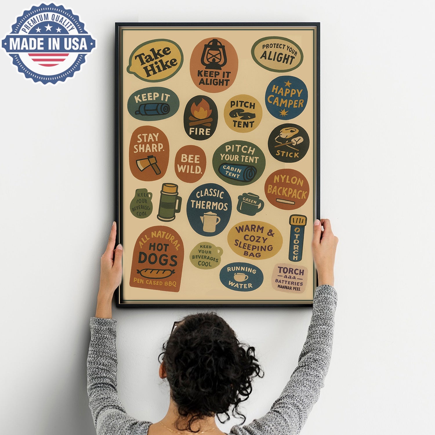 Retro Camping Rules Canvas Wall Art – Vintage Outdoor Icons Wall Art Canvas, Gift for Campers
