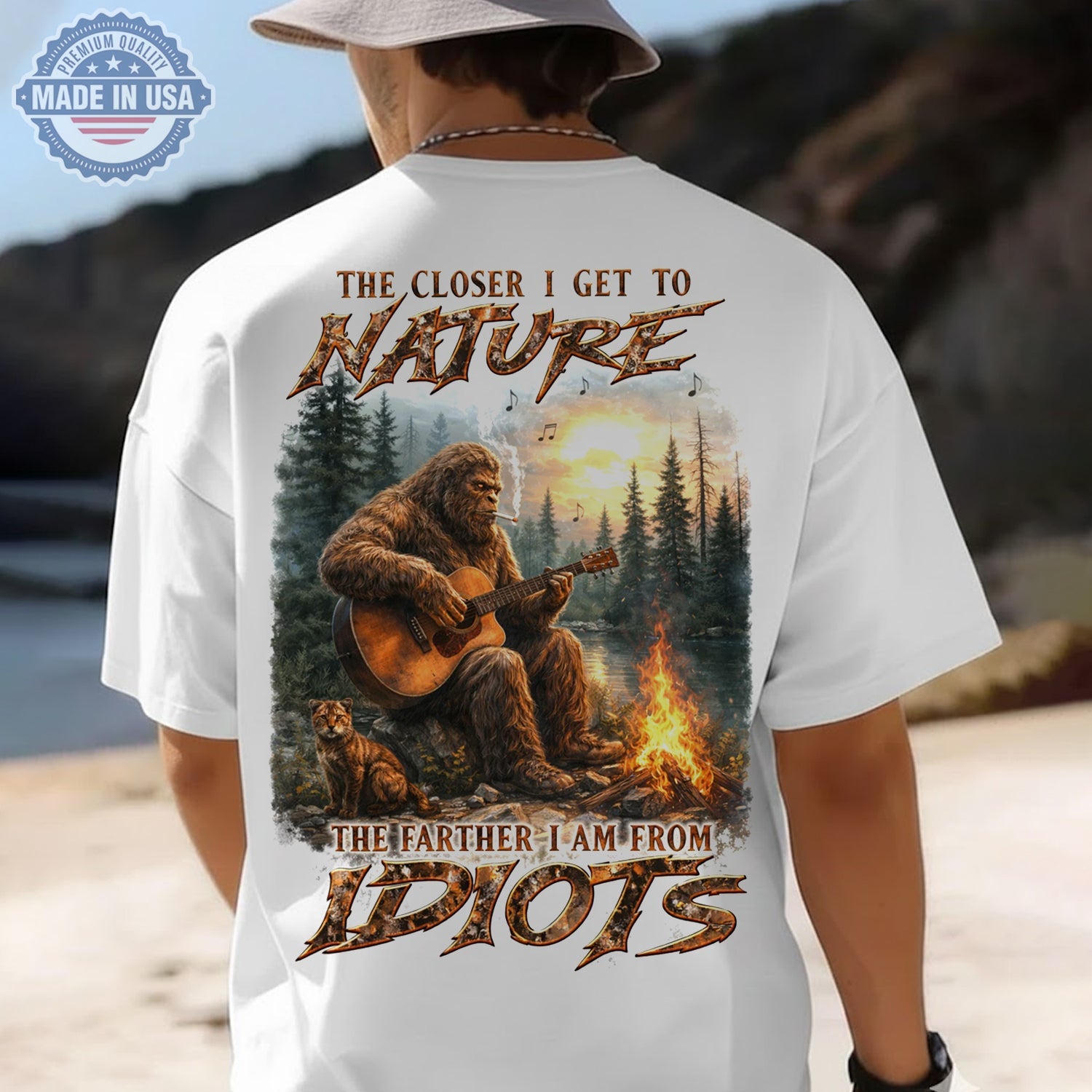 The Closer I Get To Nature Bigfoot Guitar T-Shirt, Sasquatch Campfire Music Tee, Funny Anti Social Nature Shirt