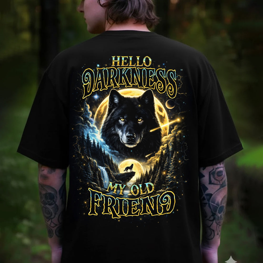 Hello Darkness My Old Friend T-Shirt – Mystic Wolf Moon Forest Graphic Shirt for Gothic Nature Lovers, Night Hiking & Wilderness Souls