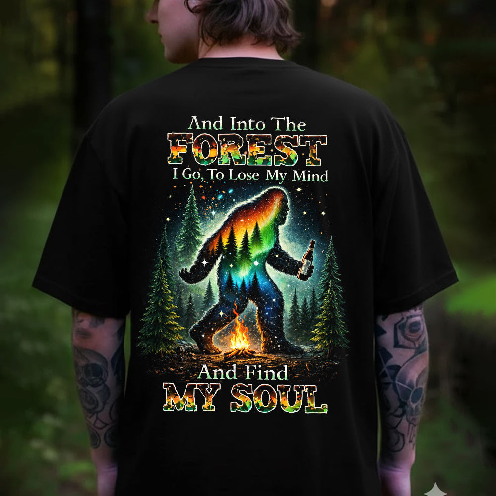 And Into The Forest I Go Bigfoot T-Shirt, Sasquatch Campfire Beer Graphic Tee, Funny Wilderness Camping Nature Shirt for Men