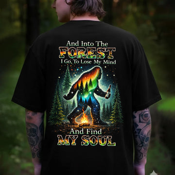 And Into The Forest I Go Bigfoot T-Shirt, Sasquatch Campfire Beer Graphic Tee, Funny Wilderness Camping Nature Shirt for Men