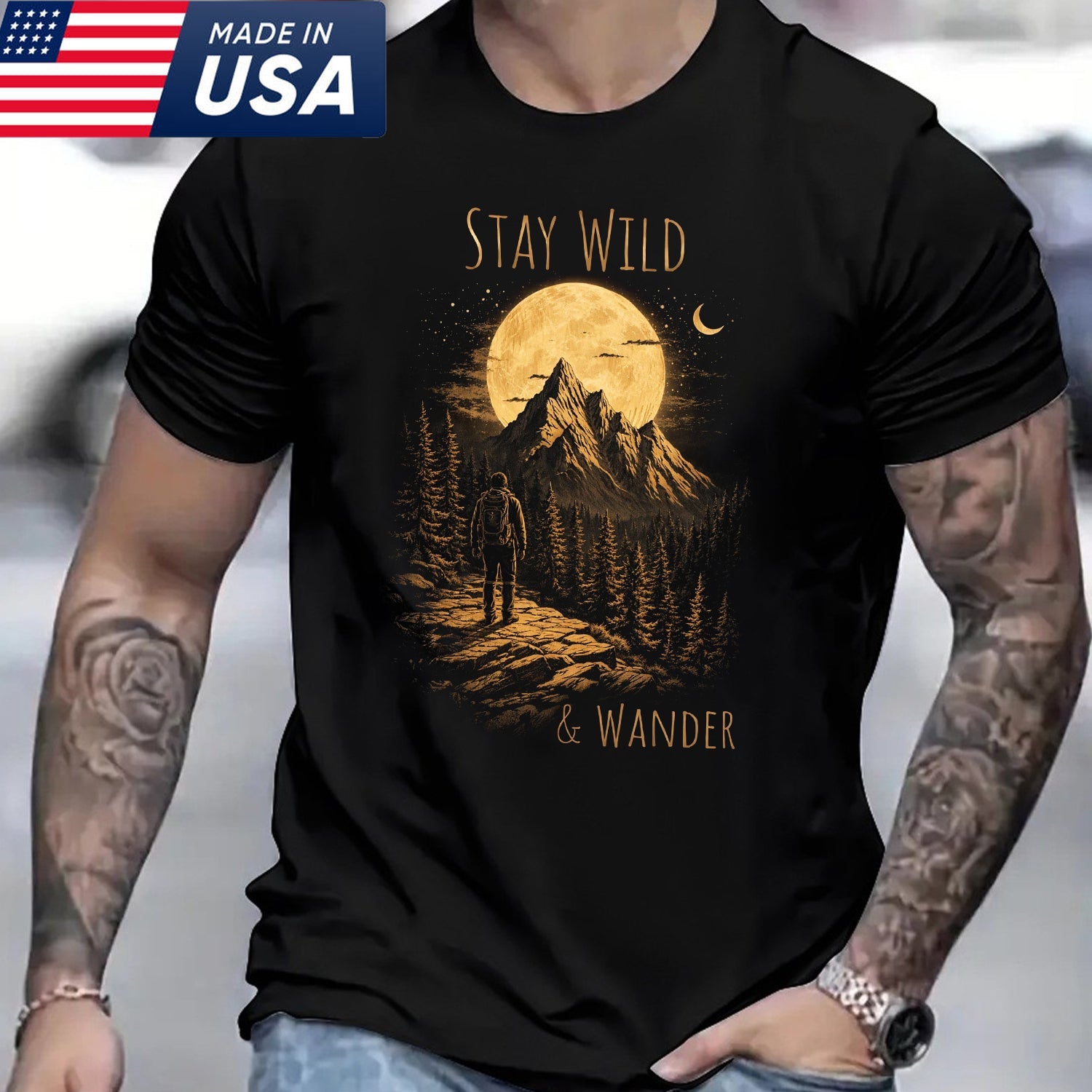 Stay Wild And Wander T-Shirt, Moon Mountain Hiking Graphic Tee, Minimalist Outdoor Adventure Nature Shirt
