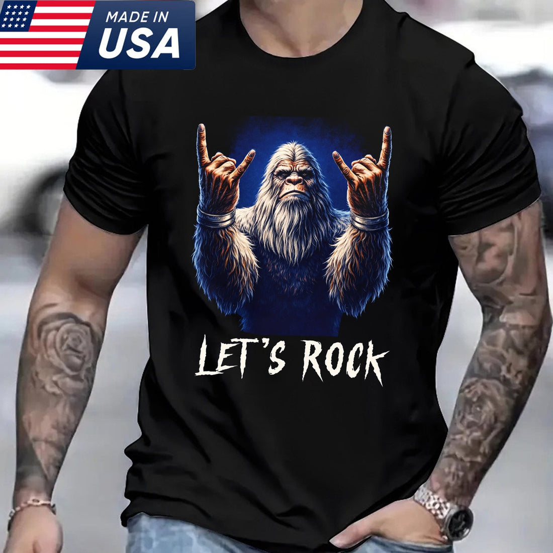 Rock Style Bigfoot T-Shirt – Sasquatch Hand Gesture Graphic Tee, Bold Rock Attitude Illustration Shirt, Funny Cryptid Streetwear Apparel
