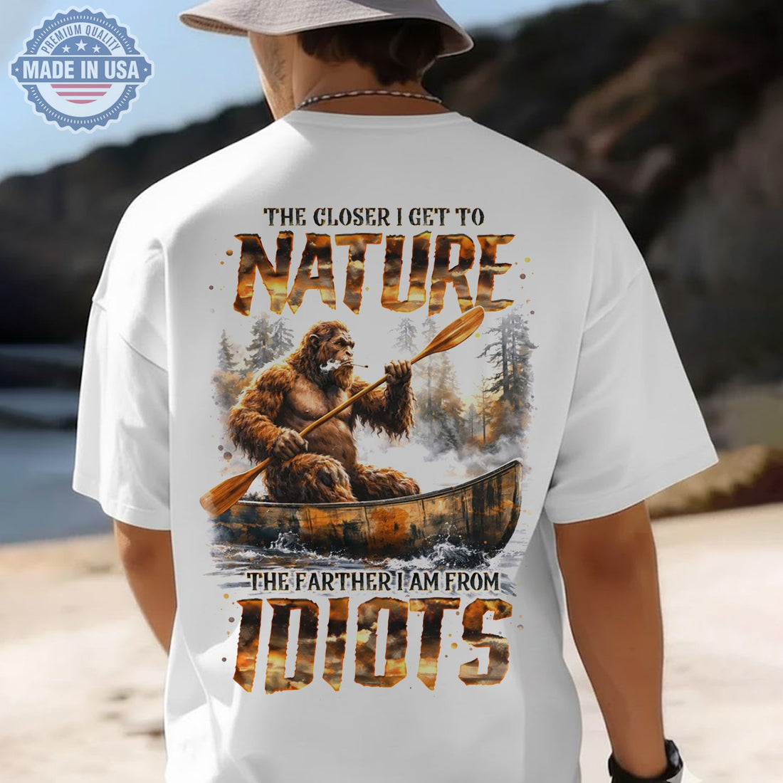 The Closer I Get To Nature Bigfoot Canoe T-Shirt, Sasquatch River Adventure Graphic Tee, Funny Anti Social Outdoor Nature Shirt