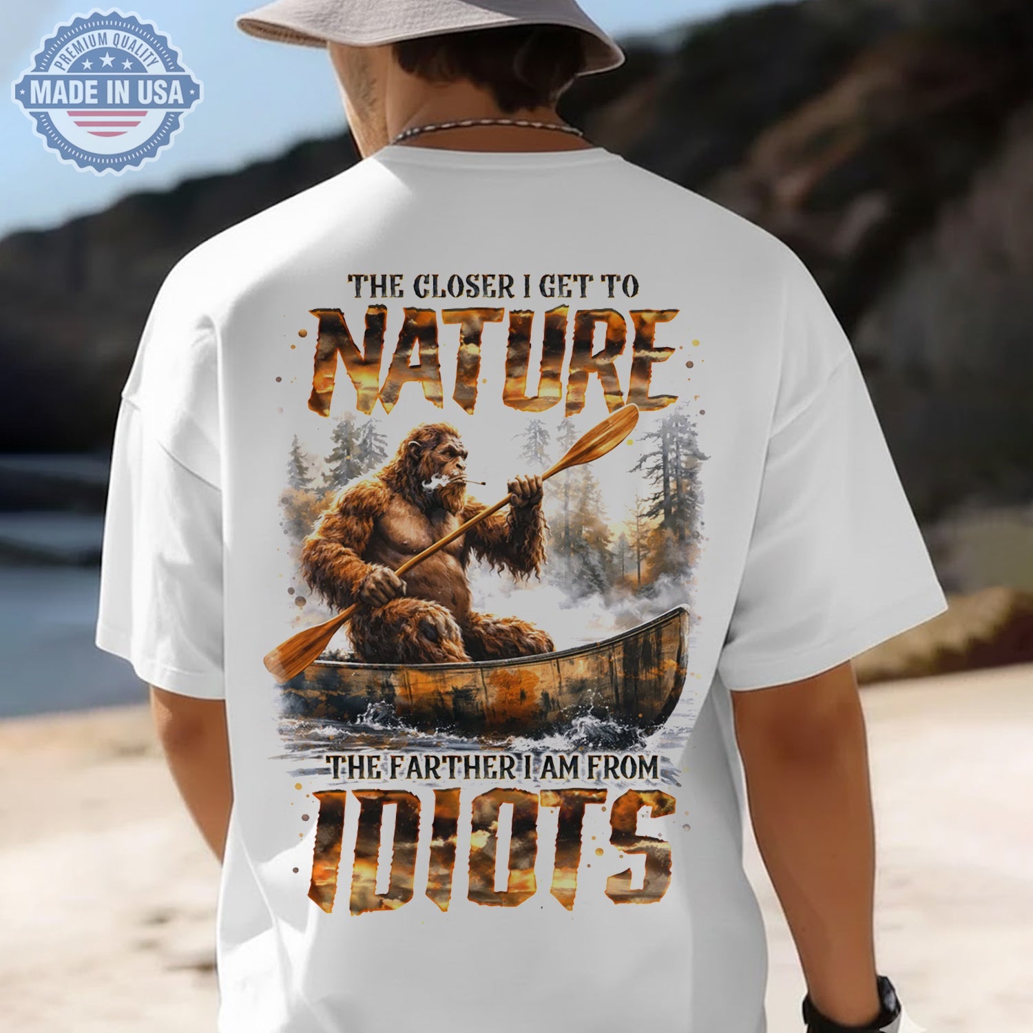 The Closer I Get To Nature Bigfoot Canoe T-Shirt, Sasquatch River Adventure Graphic Tee, Funny Anti Social Outdoor Nature Shirt