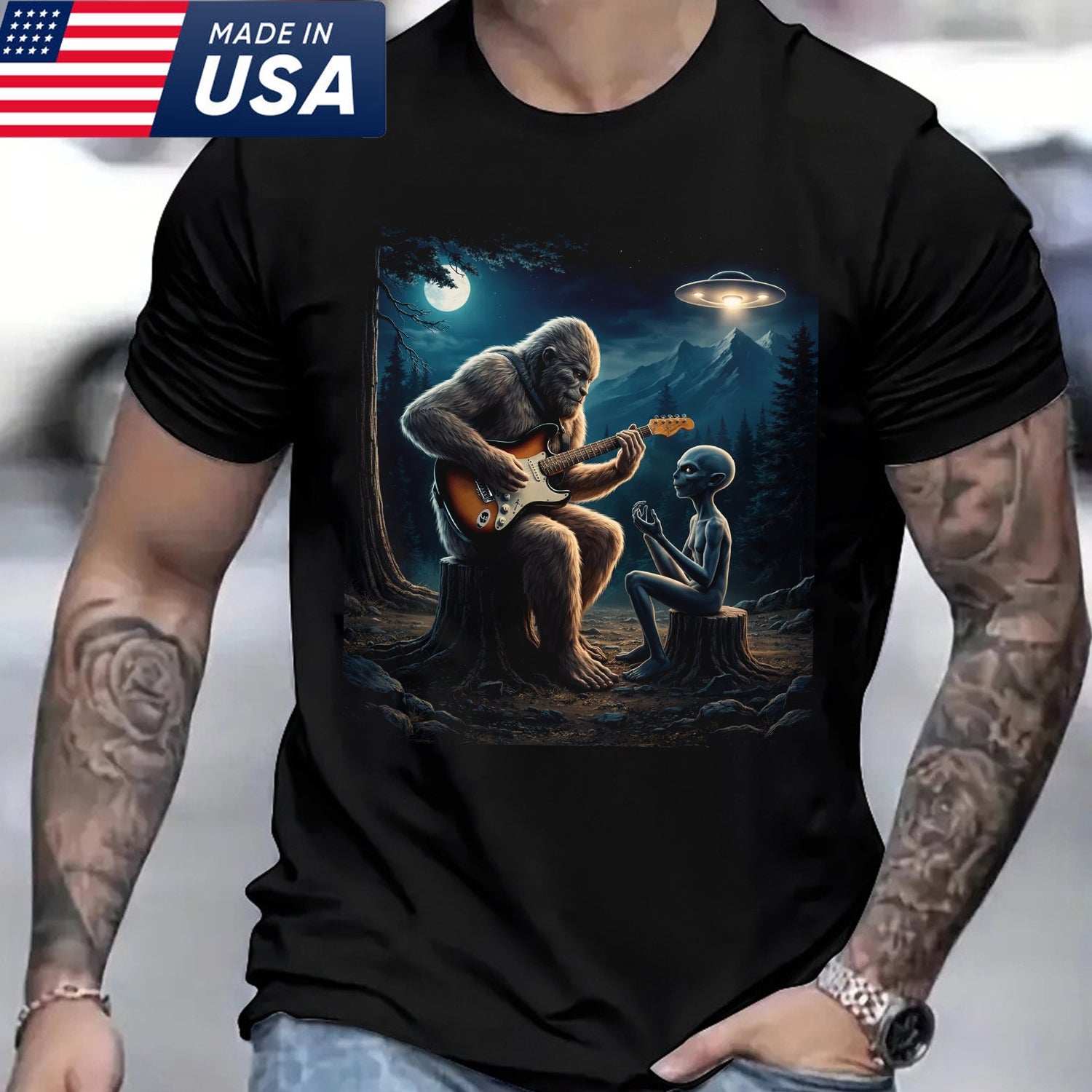 Bigfoot Playing Guitar with Alien T-Shirt – Funny UFO Sasquatch Music Graphic Tee, Sci-Fi Fantasy Humor Shirt