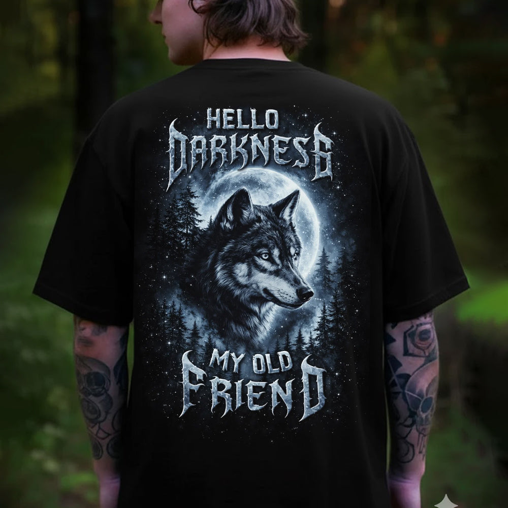Hello Darkness My Old Friend T-Shirt – Gothic Wolf Moon Graphic Shirt for Night Lovers, Dark Aesthetic & Wilderness Spirit Fans