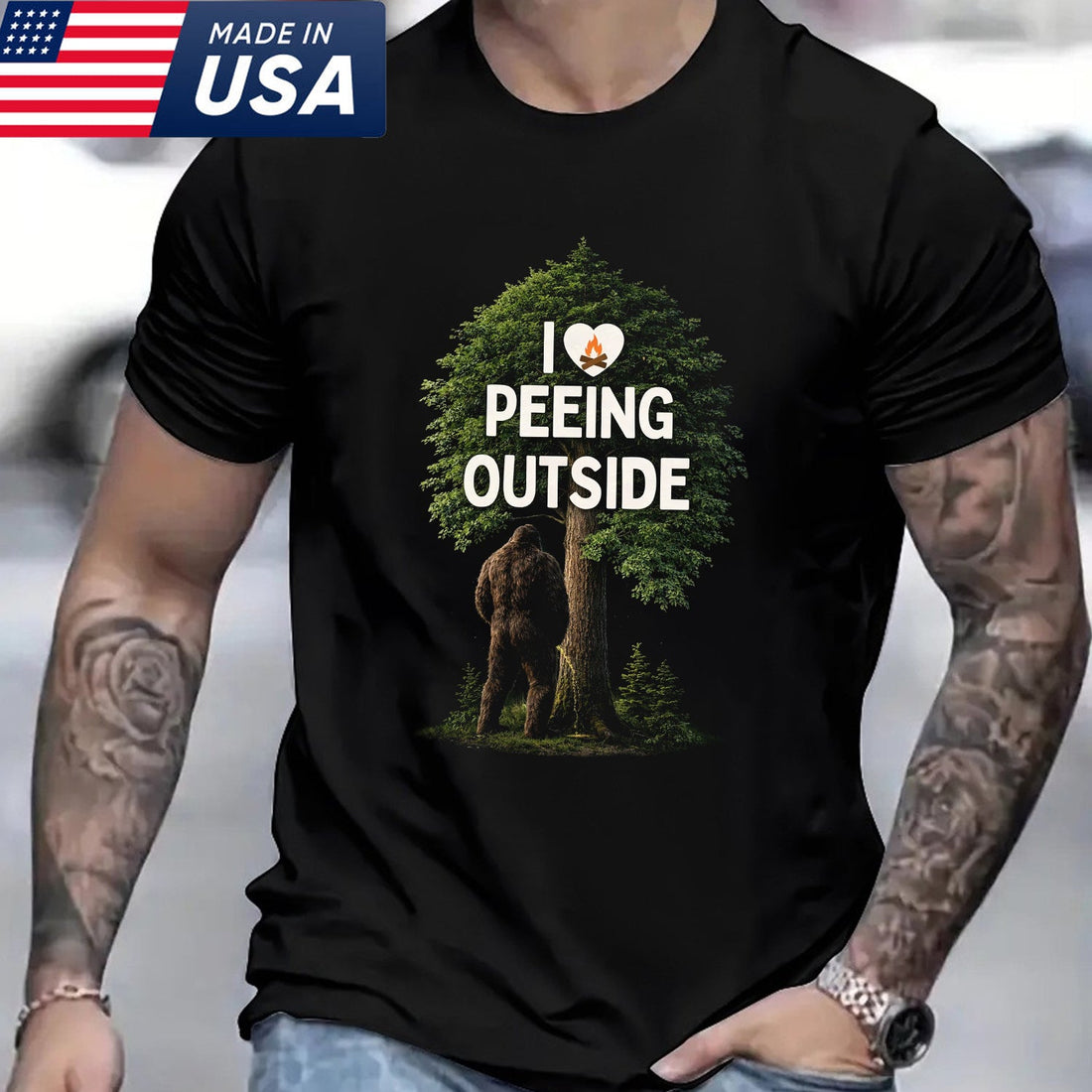 Funny Bigfoot Camping T-Shirt – I Love Peeing Outside Graphic Tee, Sasquatch Forest Humor Shirt, Outdoor Camping Lifestyle Apparel