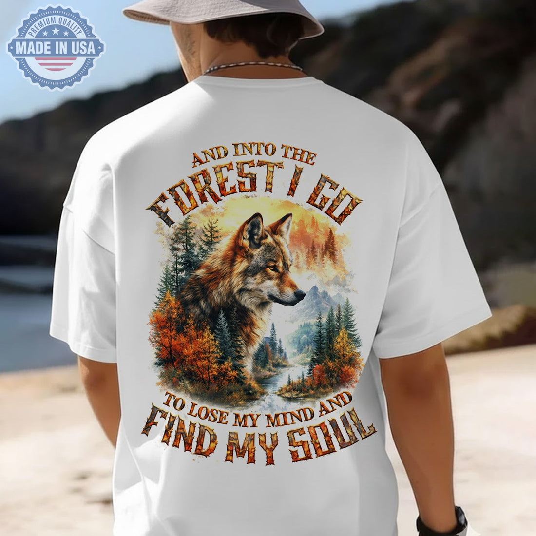 And Into The Forest I Go Wolf T-Shirt, Autumn Wilderness Wolf Landscape Graphic Tee, Nature Soul Adventure Shirt for Men & Women