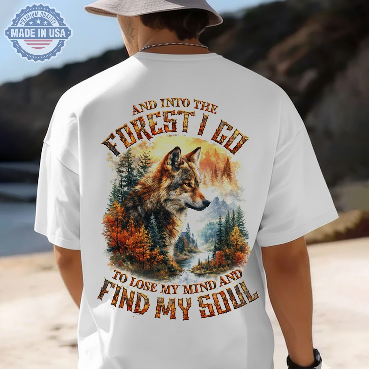 And Into The Forest I Go Wolf T-Shirt, Autumn Wilderness Wolf Landscape Graphic Tee, Nature Soul Adventure Shirt for Men & Women