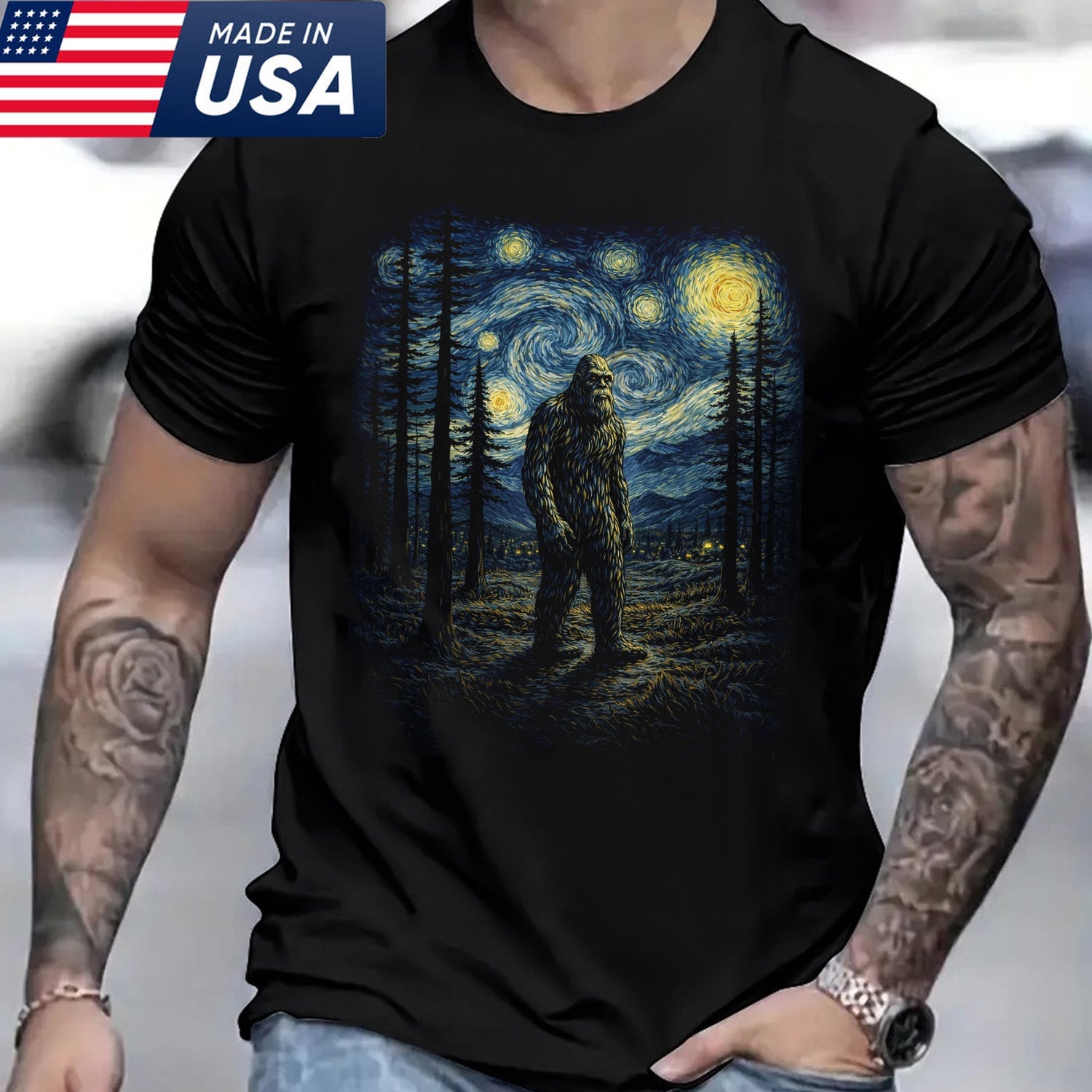 Starry Night Bigfoot T-Shirt – Van Gogh Style Sasquatch Art Graphic Tee, Artistic Cryptid Night Sky Shirt