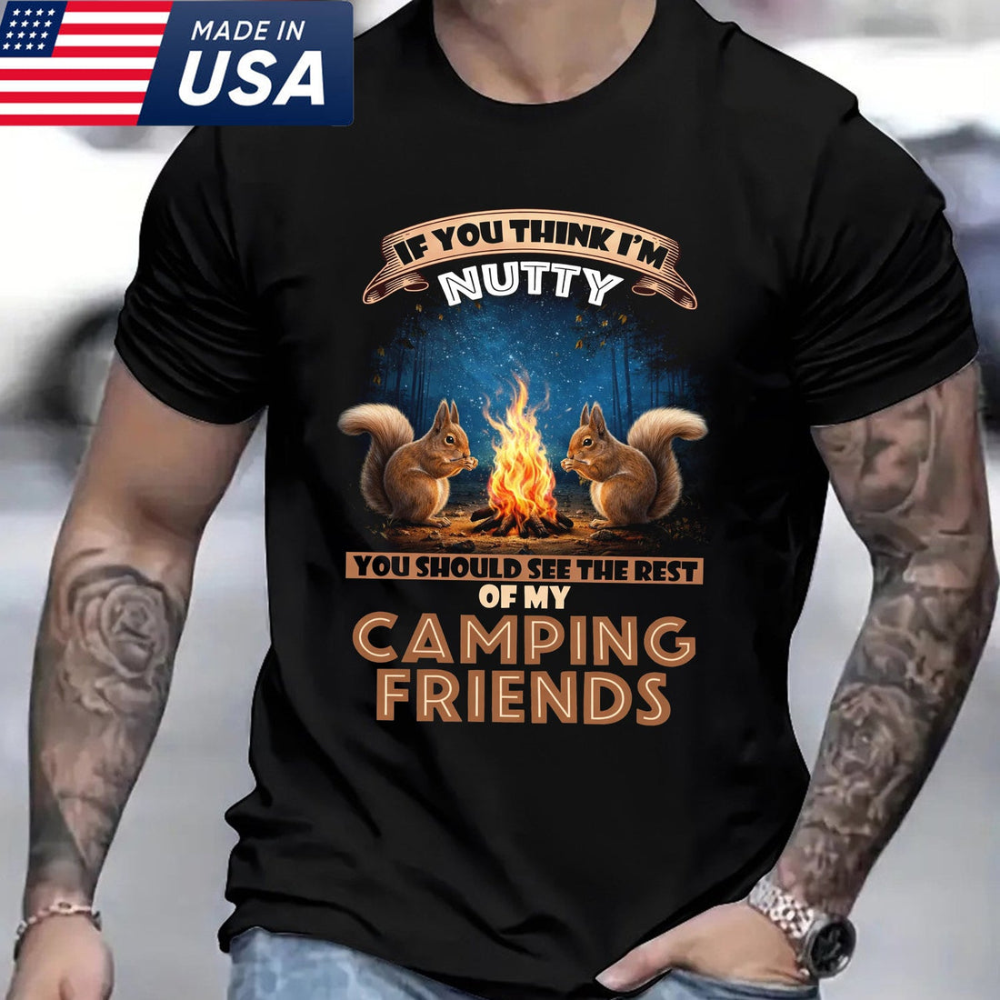 Funny Camping Friends T-Shirt – Nutty Squirrels Around Campfire, Humor Outdoor Camping Graphic Tee
