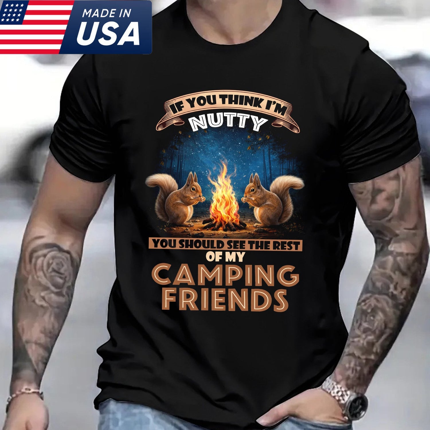 Funny Camping Friends T-Shirt – Nutty Squirrels Around Campfire, Humor Outdoor Camping Graphic Tee