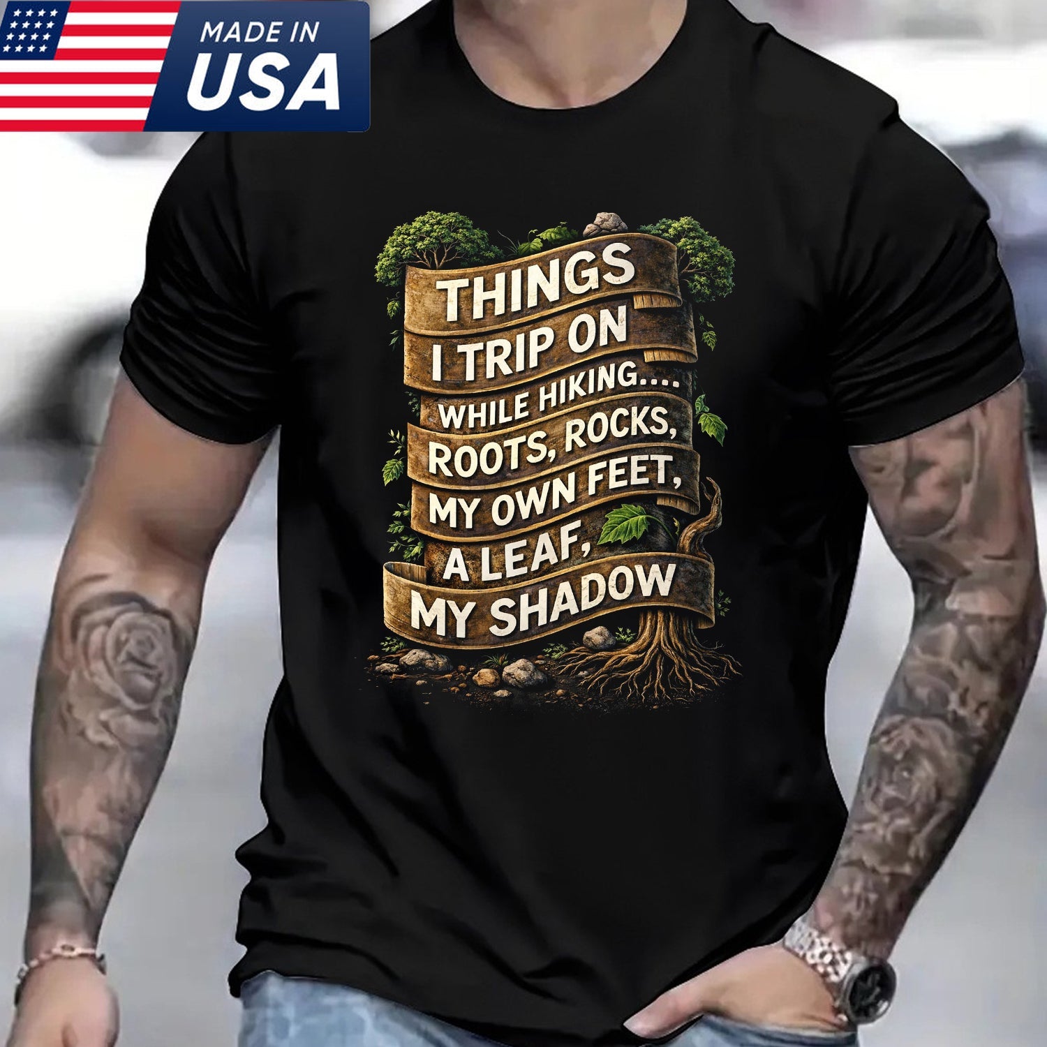Things I Trip On While Hiking T-Shirt – Funny Hiking Quote Graphic Tee, Outdoor Trail Humor Shirt