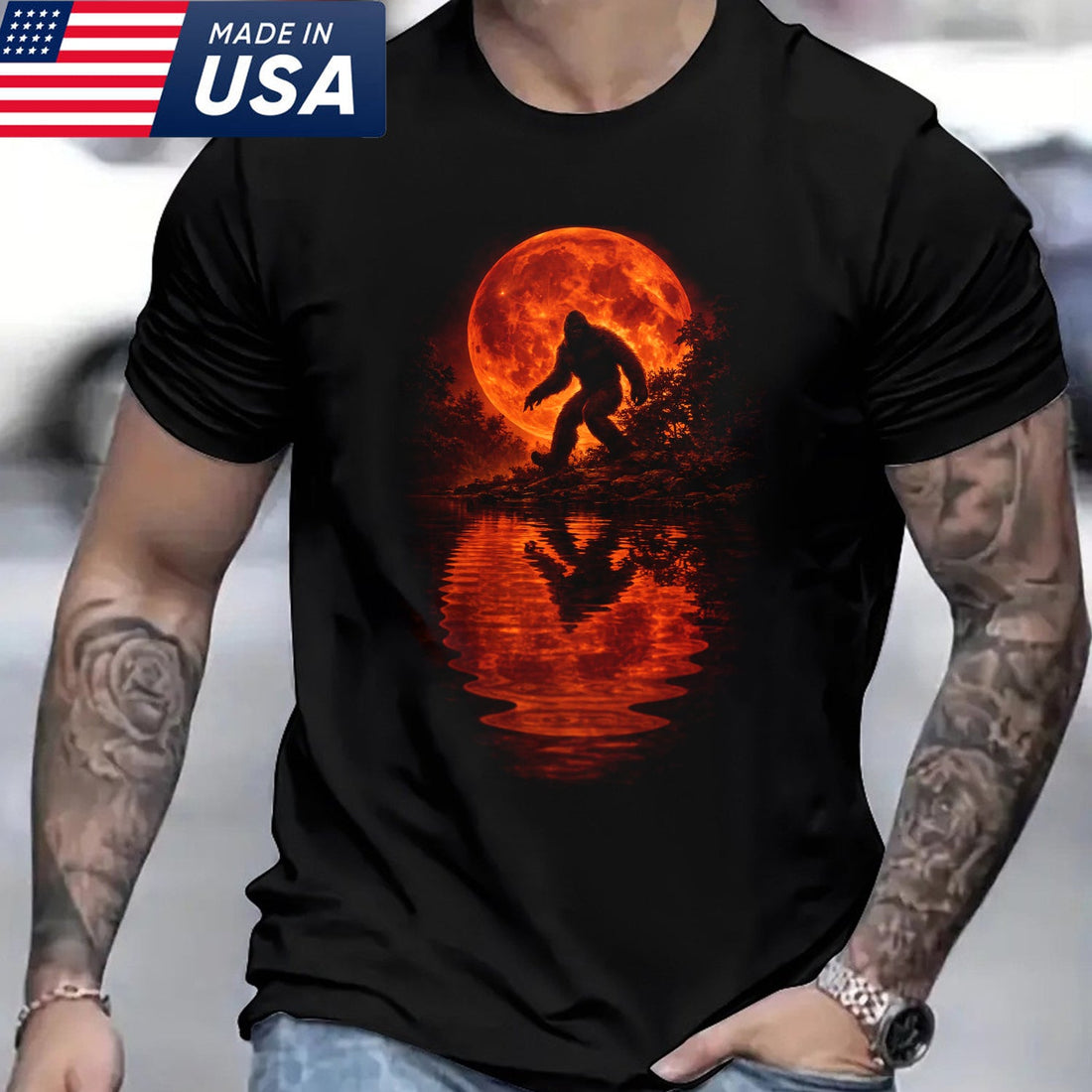 Bigfoot Blood Moon T-Shirt – Sasquatch Silhouette with Fiery Red Moon Reflection, Dark Wilderness Graphic Tee