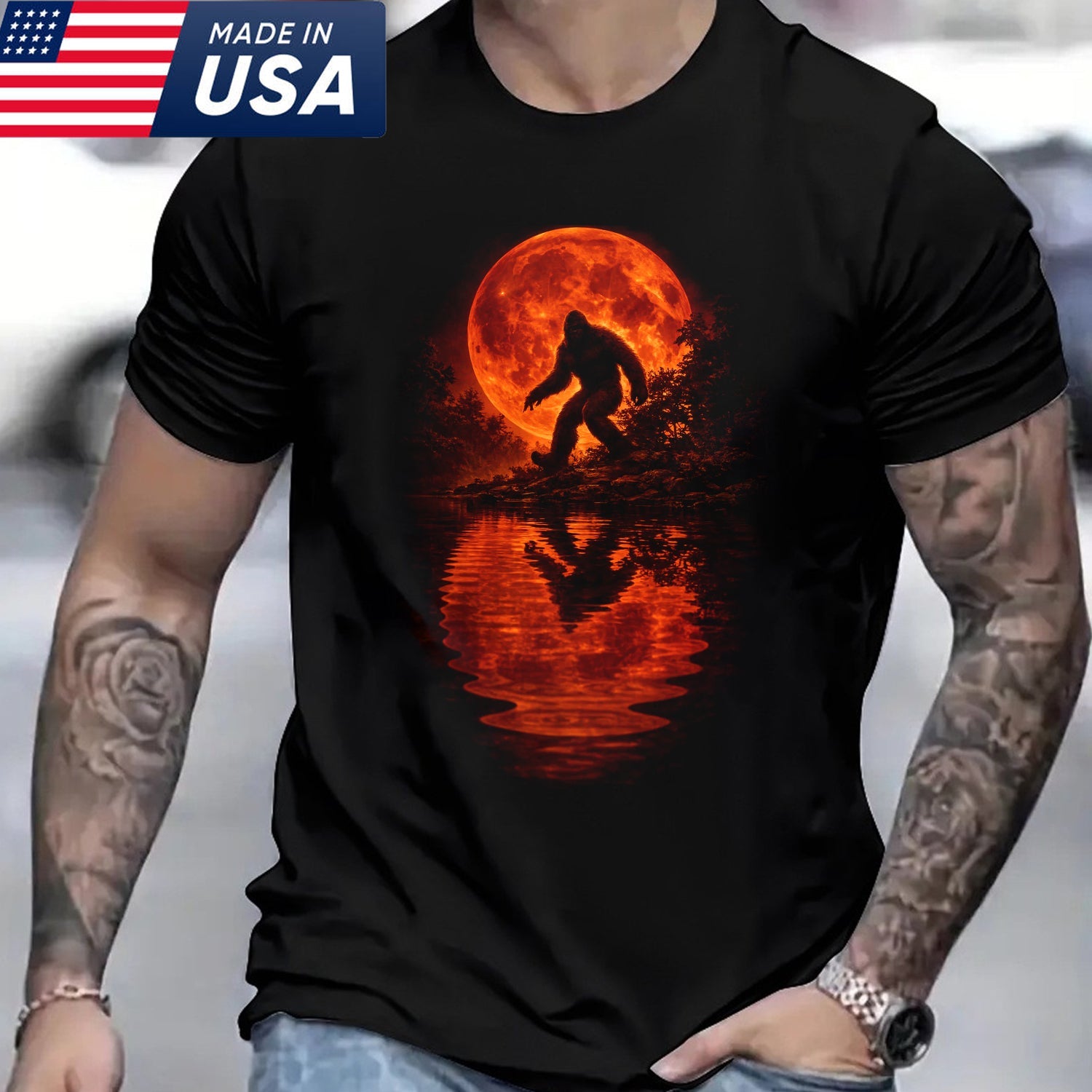 Bigfoot Blood Moon T-Shirt – Sasquatch Silhouette with Fiery Red Moon Reflection, Dark Wilderness Graphic Tee