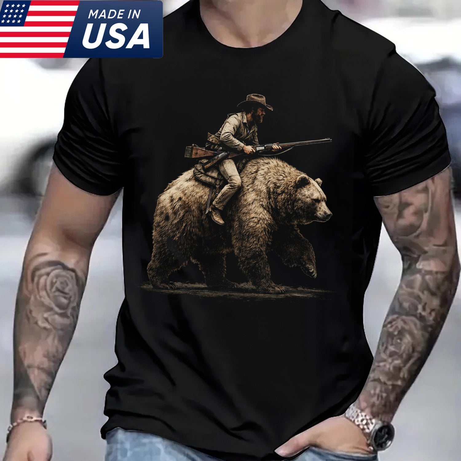 Cowboy Riding Bear T-Shirt – Vintage Western Hunter Graphic Tee