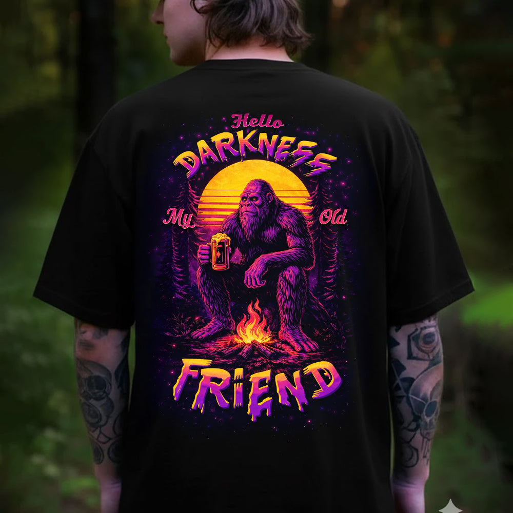 Hello Darkness My Old Friend T-Shirt – Retro Bigfoot Campfire Graphic Shirt for Night Campers, Sasquatch Fans & Outdoor Humor Lovers