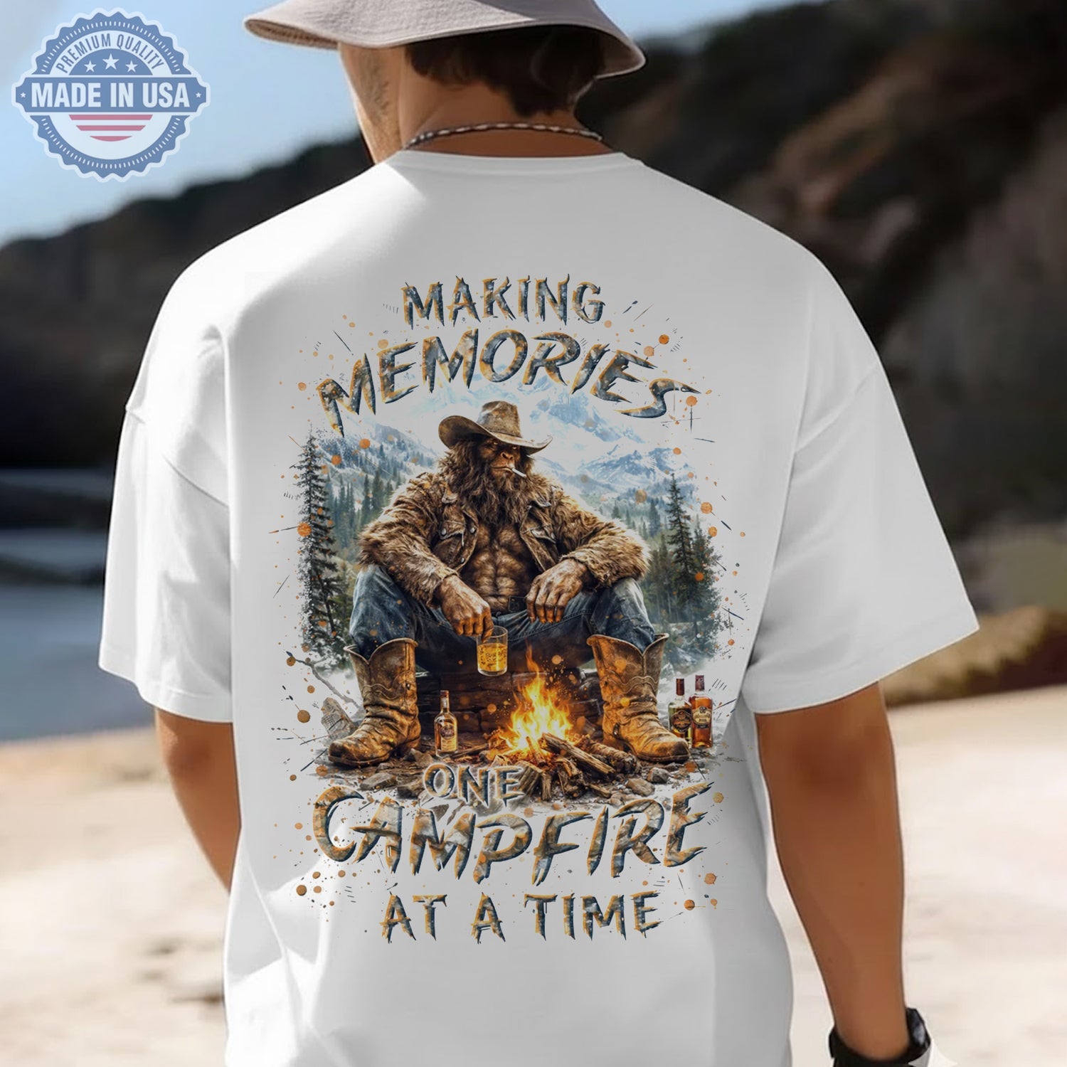 Making Memories Campfire T-Shirt – Bigfoot Cowboy Camping Graphic Tee, Rustic Outdoor Adventure Shirt, Funny Sasquatch Nature Gift