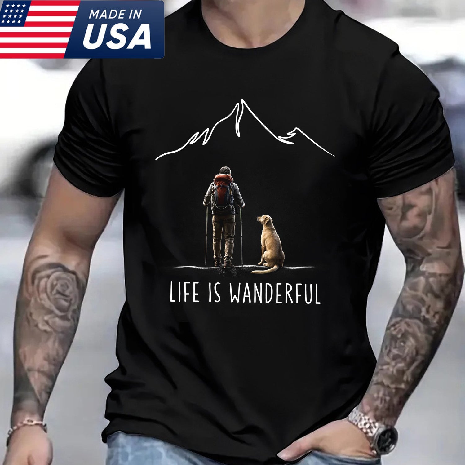 Life Is Wanderful T-Shirt – Minimalist Hiking with Dog Graphic Tee, Mountain Adventure Outdoor Shirt