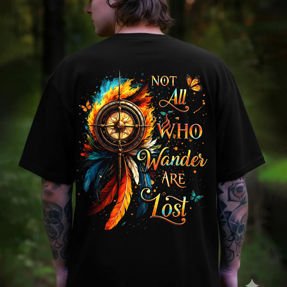 Not All Who Wander Are Lost Compass Feather T-Shirt, Boho Adventure Travel Graphic Tee, Wanderlust Nature Shirt for Women & Men