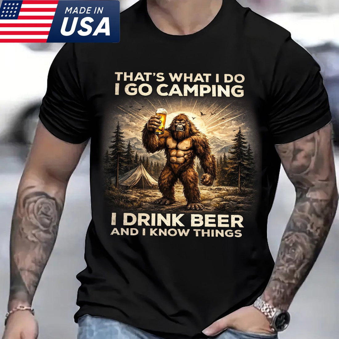 I Go Camping I Drink Beer Bigfoot T-Shirt – Funny Sasquatch Camping Humor Graphic Tee, Vintage Outdoor Adventure Apparel