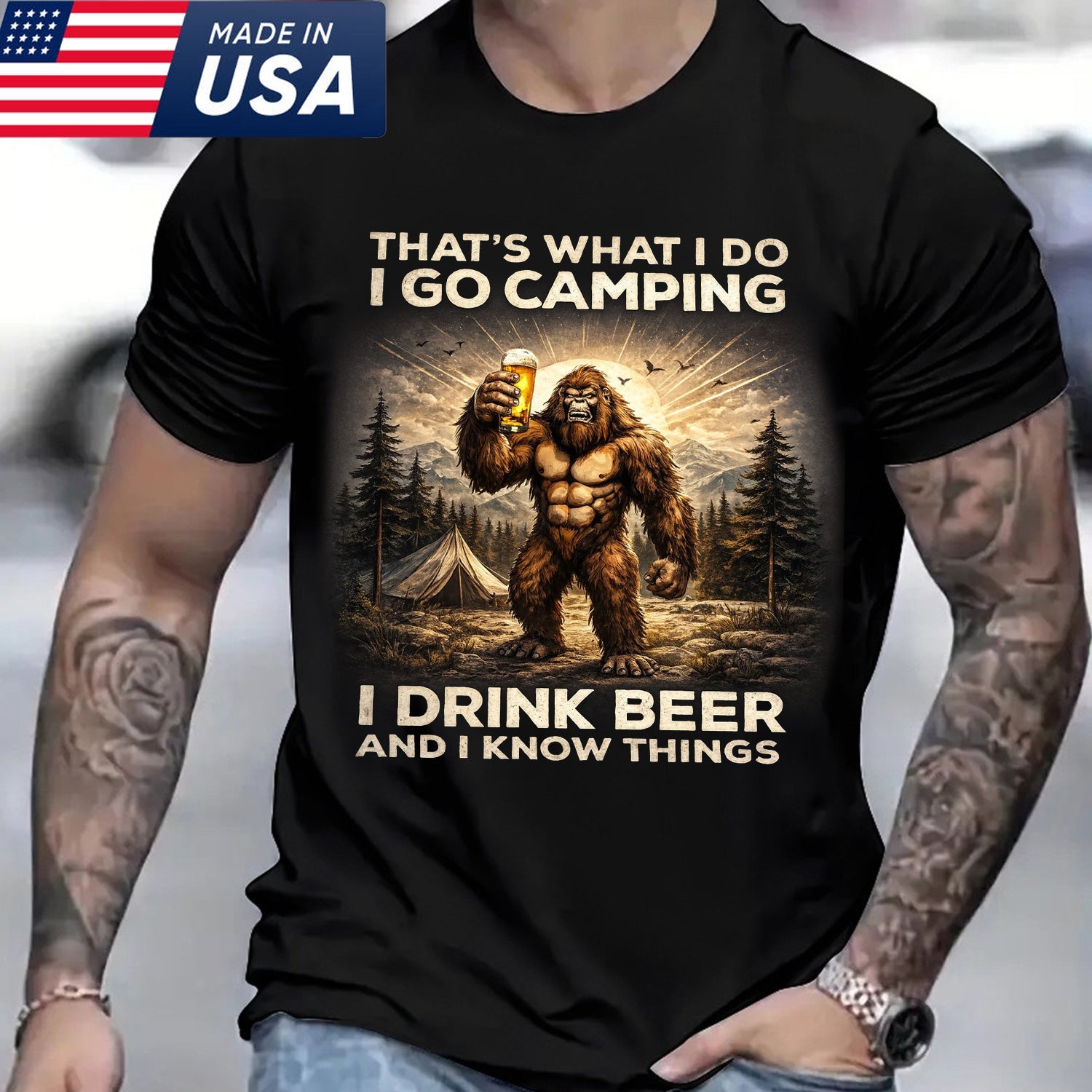 I Go Camping I Drink Beer Bigfoot T-Shirt – Funny Sasquatch Camping Humor Graphic Tee, Vintage Outdoor Adventure Apparel