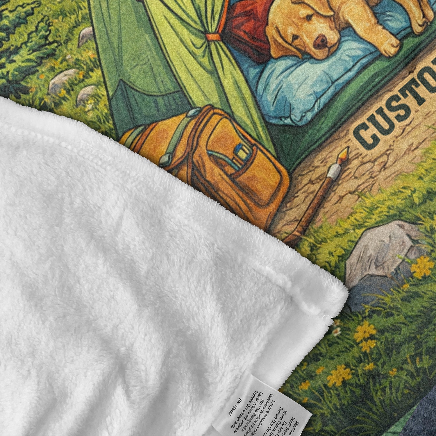 Personalized Dog Camping Fleece Blanket – Custom Name Lake Tent Dog Throw for Dog Lovers & Outdoor Decor