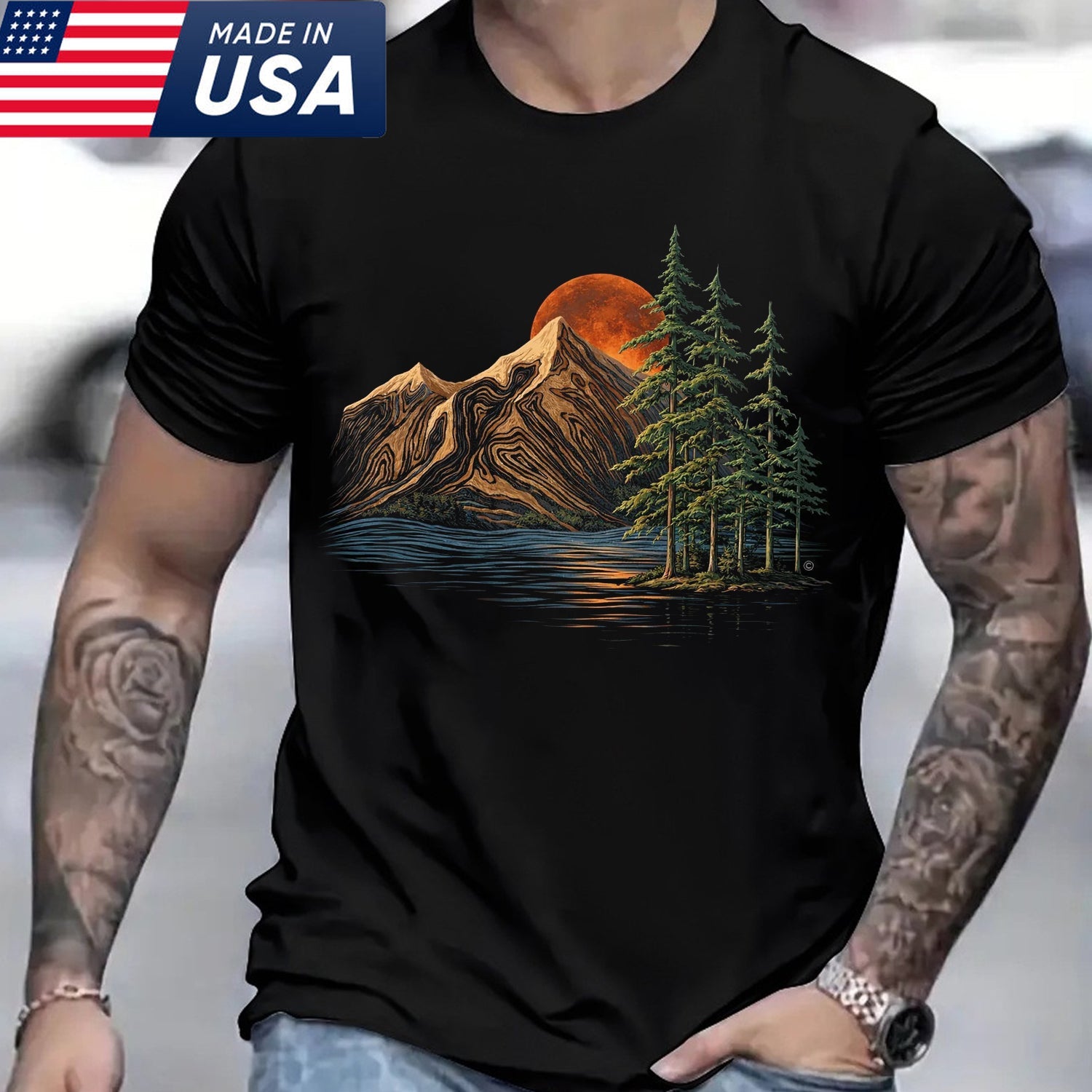 Mountain Lake Sunset T-Shirt – Minimalist Nature Landscape Graphic Tee, Pine Forest Outdoor Art Shirt