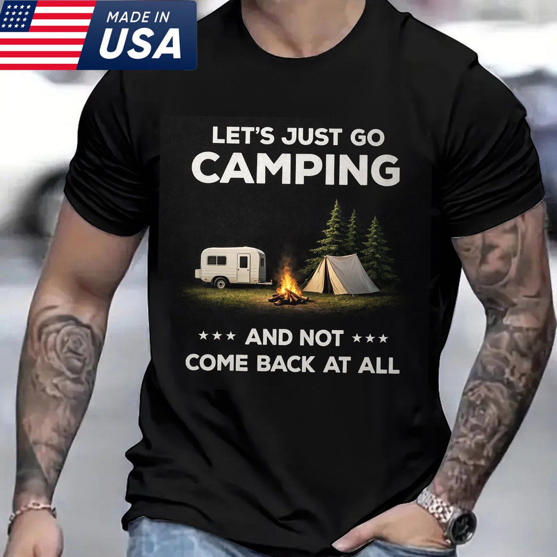 Let’s Just Go Camping T-Shirt – Funny RV Tent Campfire Graphic Shirt for Campers, Outdoor Escape & Adventure Lovers