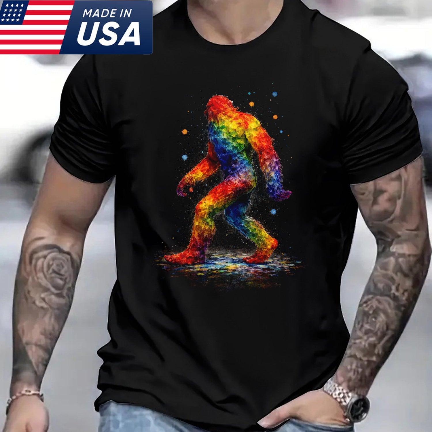 Rainbow Bigfoot T-Shirt – Colorful Sasquatch Art Graphic Tee, Abstract Pride Style Cryptid Shirt