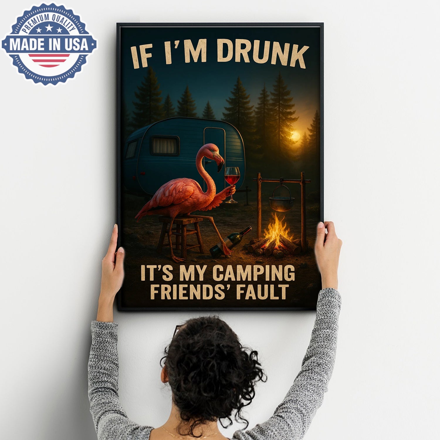 Funny Flamingo Camping Canvas – “If I’m Drunk It’s My Camping Friends’ Fault” Wall Art