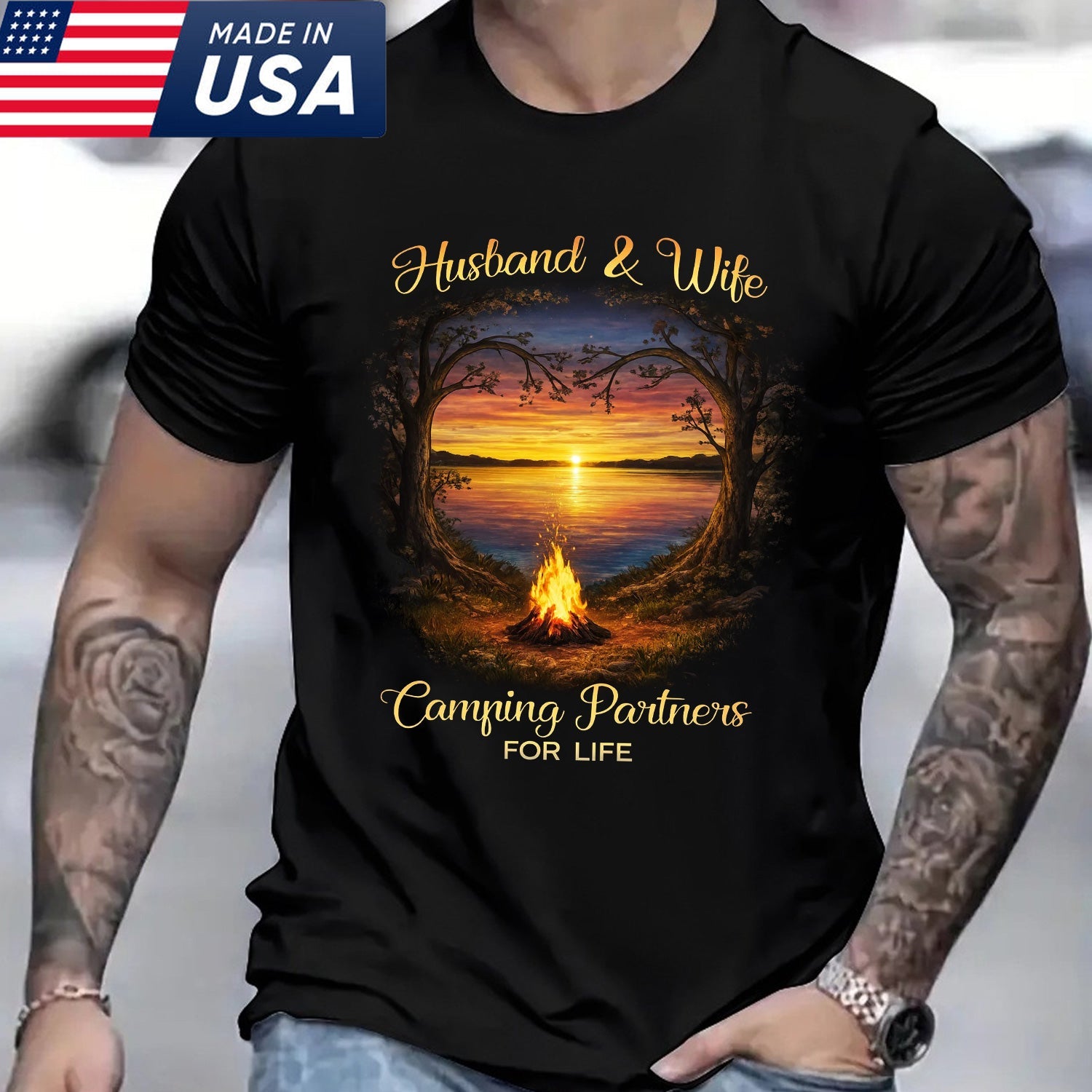 Husband and Wife Camping Partners for Life T-Shirt – Romantic Campfire Sunset Graphic Tee, Couples Outdoor Love Apparel