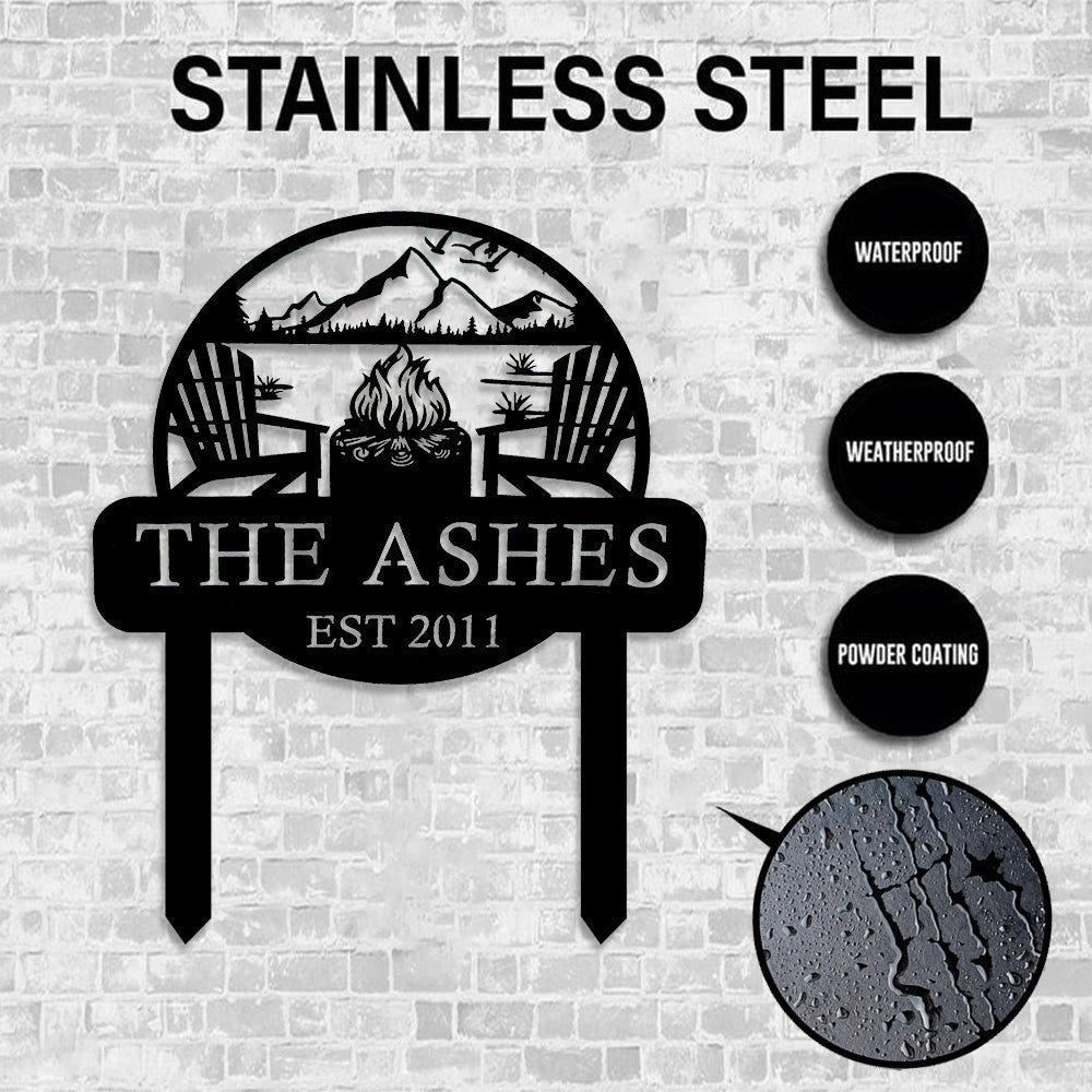 Personalized Metal Campfire Sign – Custom Family Camping Sign with Name & Year – Rustic Outdoor Fire Pit Yard Decor