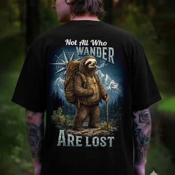 Not All Who Wander Are Lost Sloth Hiking T-Shirt, Adventure Sloth Backpack Graphic Tee, Funny Outdoor Travel Nature Shirt for Men