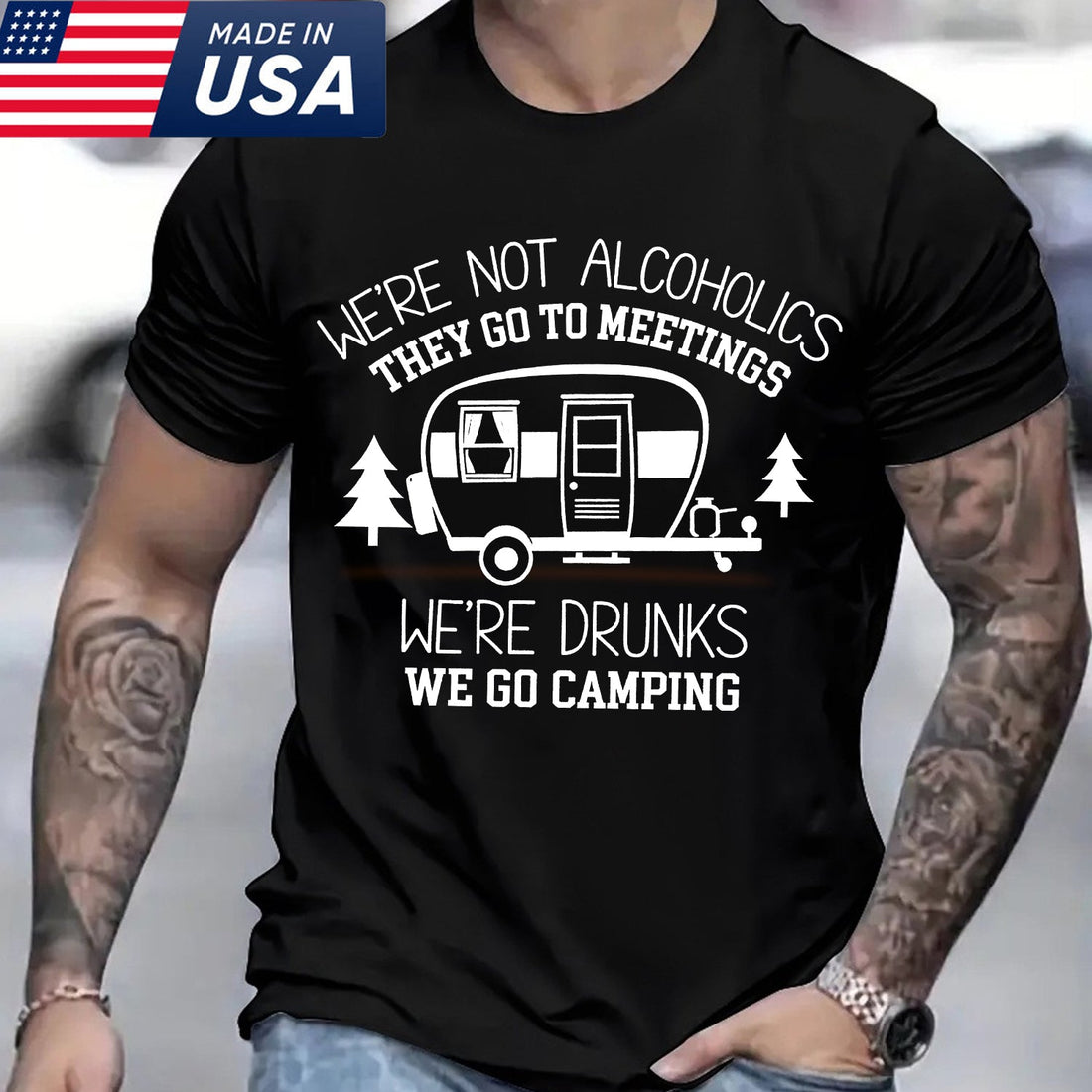 Funny Camping T-Shirt – We’re Not Alcoholics We Go Camping RV Campfire Humor Tee