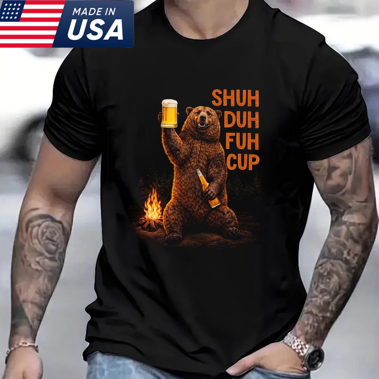 Shuh Duh Fuh Cup T-Shirt – Funny Drinking Bear Campfire Graphic Shirt for Campers, Beer Lovers & Outdoor Humor Fans