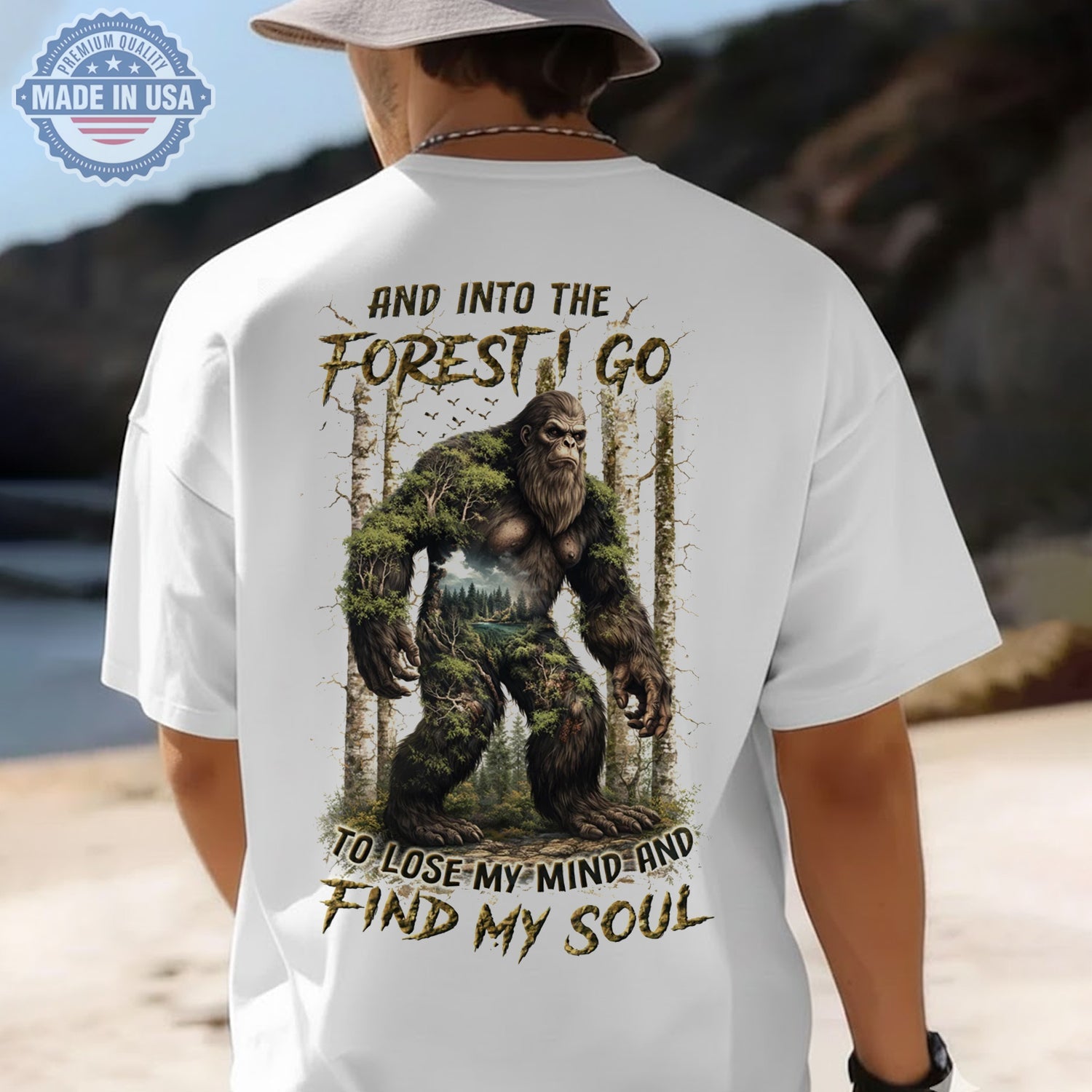 And Into The Forest I Go Bigfoot T-Shirt, Sasquatch Nature Graphic Tee, Find My Soul Wilderness Adventure Shirt