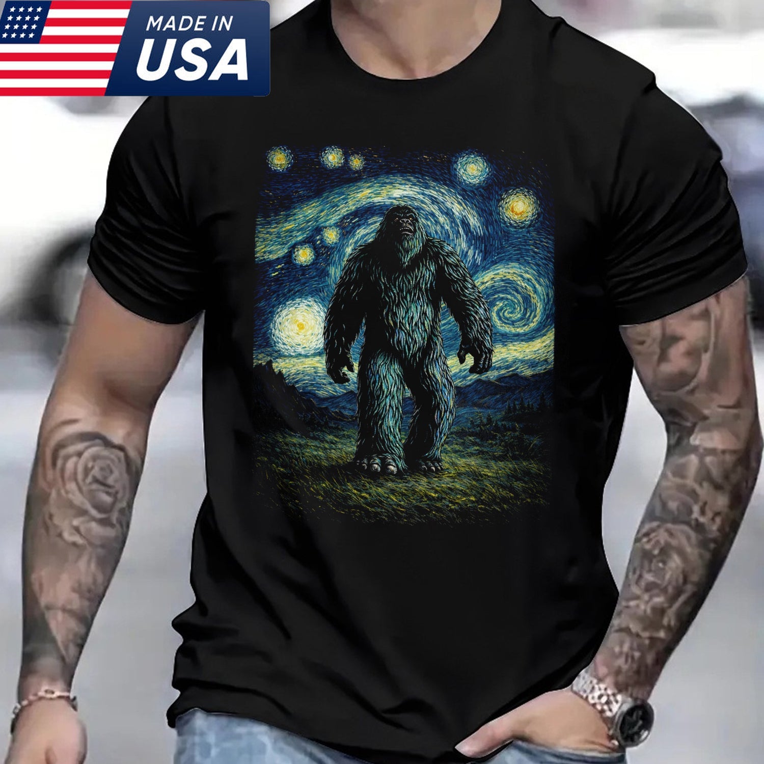 Starry Night Sasquatch T-Shirt – Bigfoot Inspired Van Gogh Art Graphic Tee, Cryptid Night Sky Aesthetic Shirt