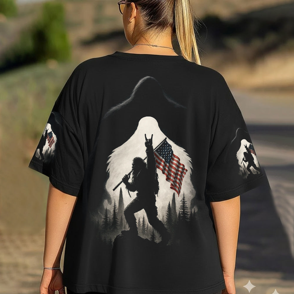 Patriotic Bigfoot T-Shirt – Sasquatch American Flag Forest Graphic Tee, Vintage Outdoor Freedom Apparel